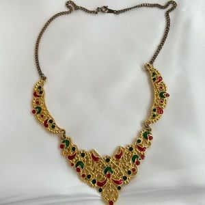 Vintage Costume jewelry necklace, gold with green and red insert stones